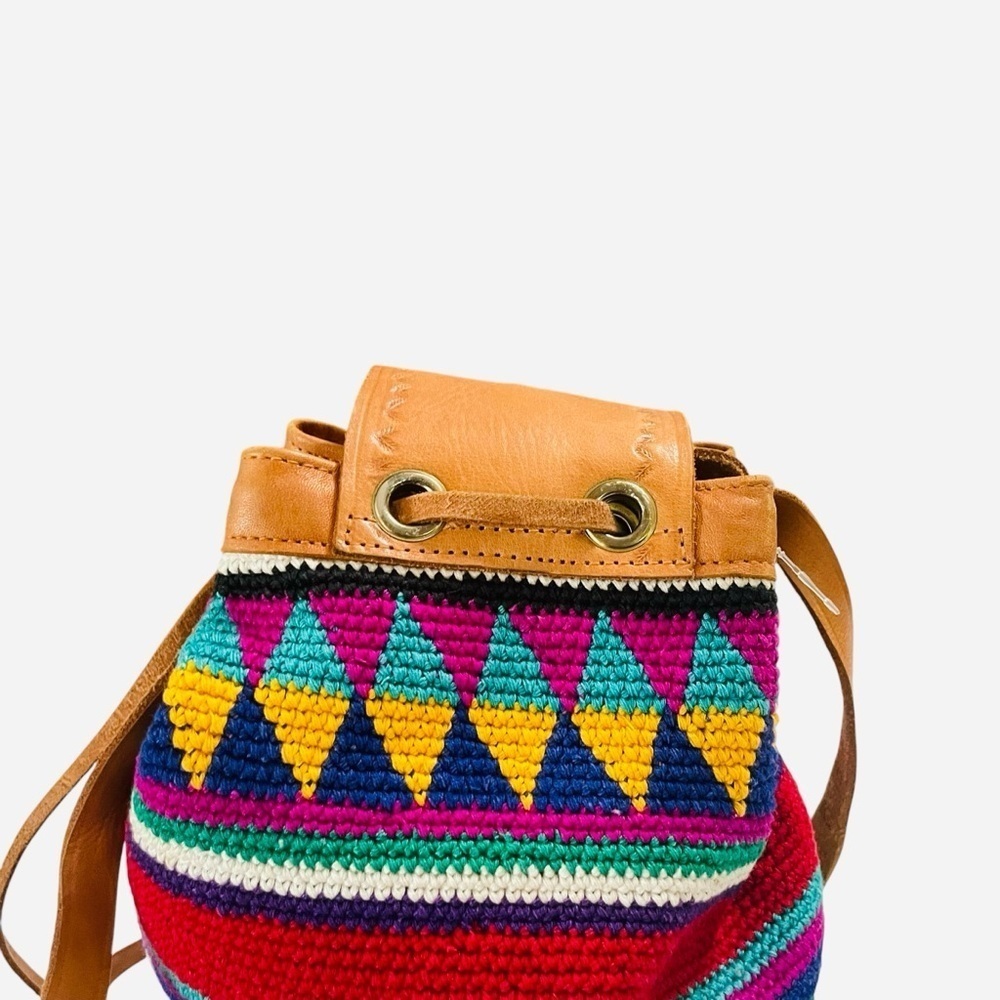 Vintage Handmade Guatemala Boho Multi Color with Leather Trim Bucket Bag - Picture 7 of 15